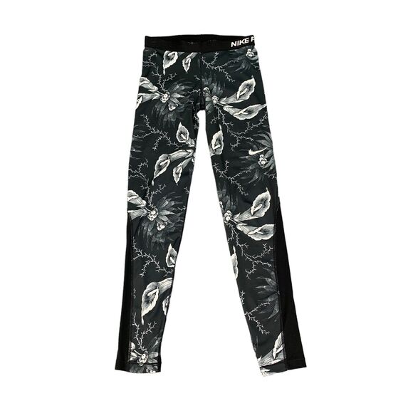 Nike Pro Leggings Womens M Medium Black White Combat Floral Training Dri Fit - Picture 1 of 14